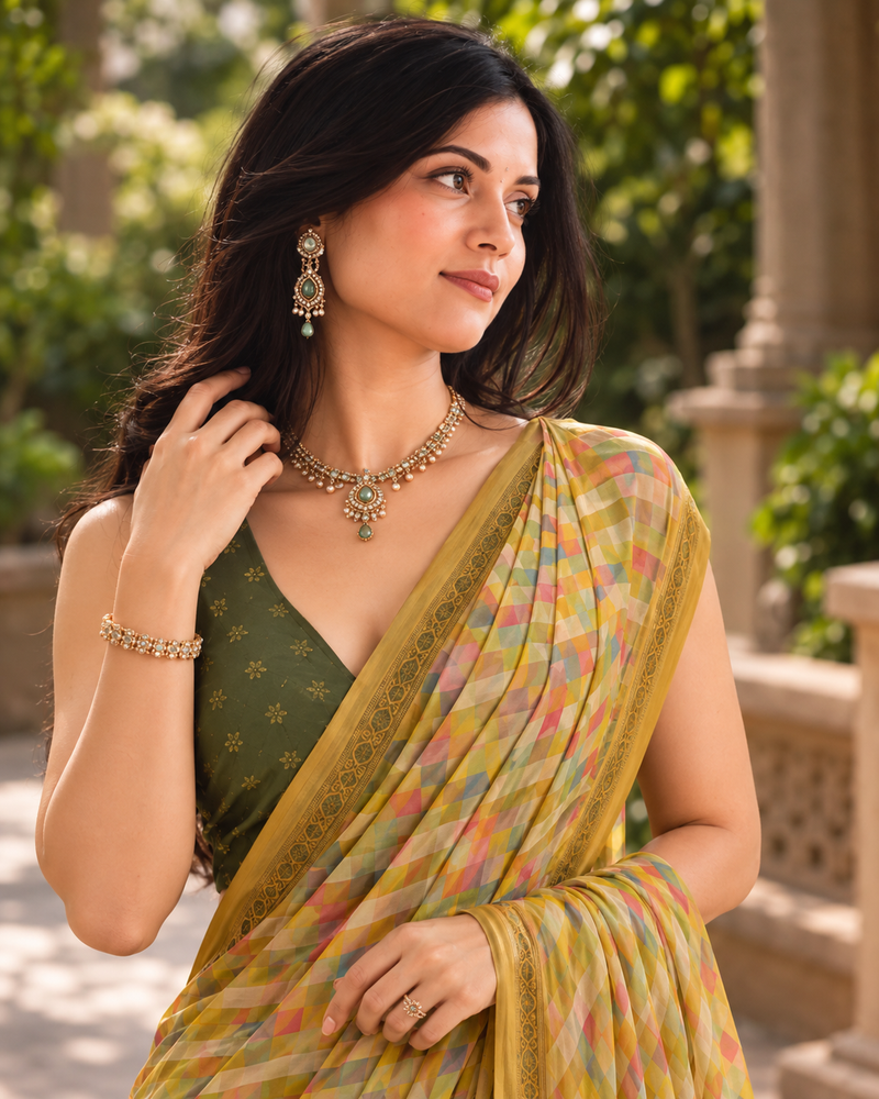 Mustard Olive Pastel Gingham Saree