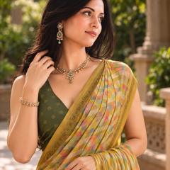 Mustard Olive Pastel Gingham Saree