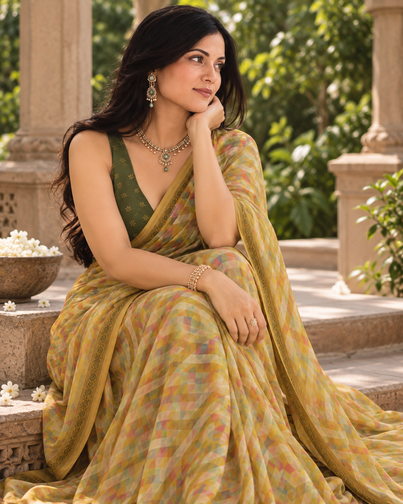 Mustard Olive Pastel Gingham Saree