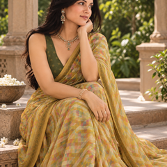 Mustard Olive Pastel Gingham Saree