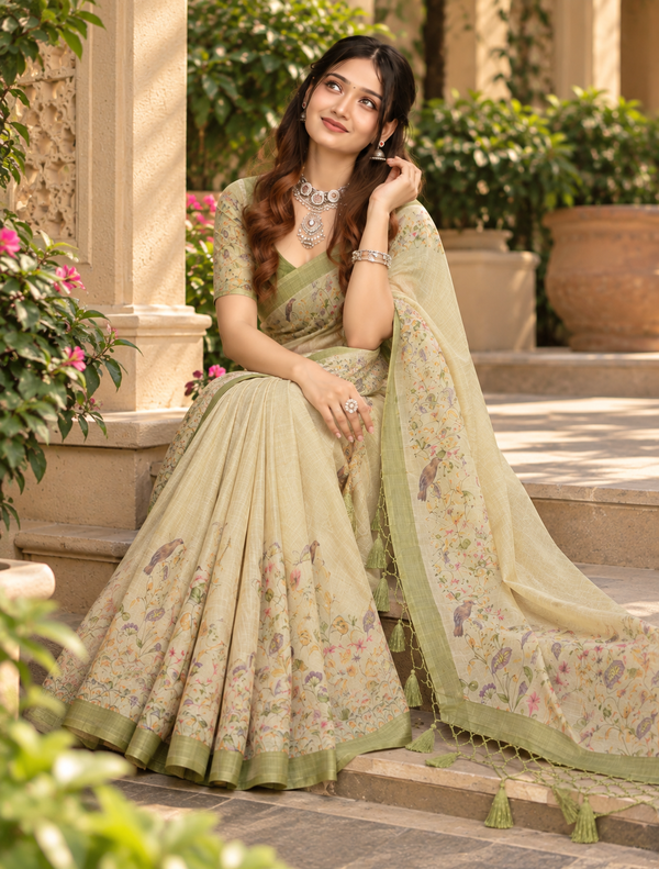 Cream Ivory Botanical Sparrow Vine Premium Silk Saree