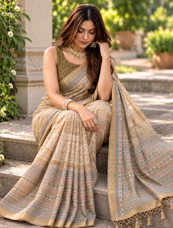Beige Fawn Heritage Mosaic Block Premium Silk Saree