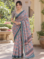 Indigo & Terracotta Ikat Geometric Linen Saree