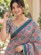 Indigo & Terracotta Ikat Geometric Linen Saree