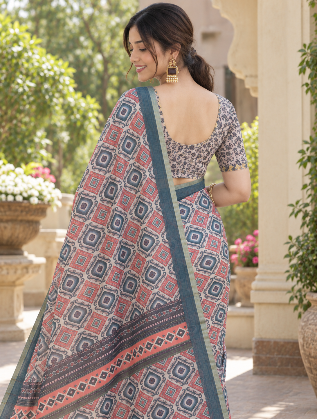 Indigo & Terracotta Ikat Geometric Linen Saree