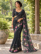 Charcoal Grey Pichwai Lotus Garden Linen Saree