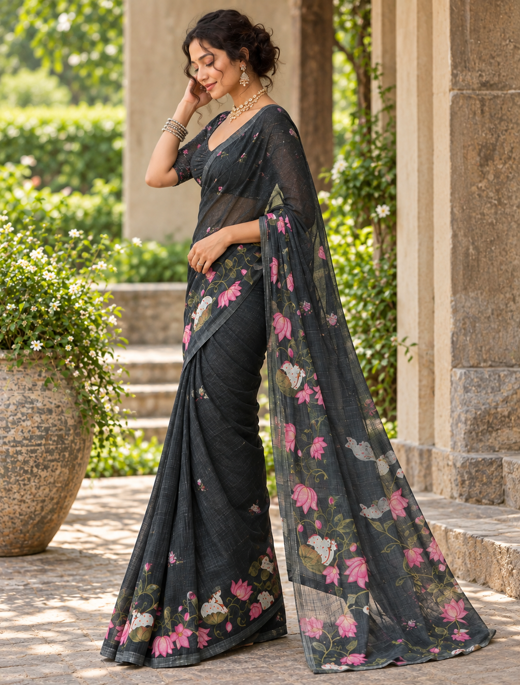 Charcoal Grey Pichwai Lotus Garden Linen Saree