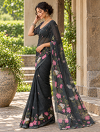 Charcoal Grey Pichwai Lotus Garden Linen Saree