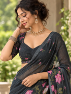 Charcoal Grey Pichwai Lotus Garden Linen Saree