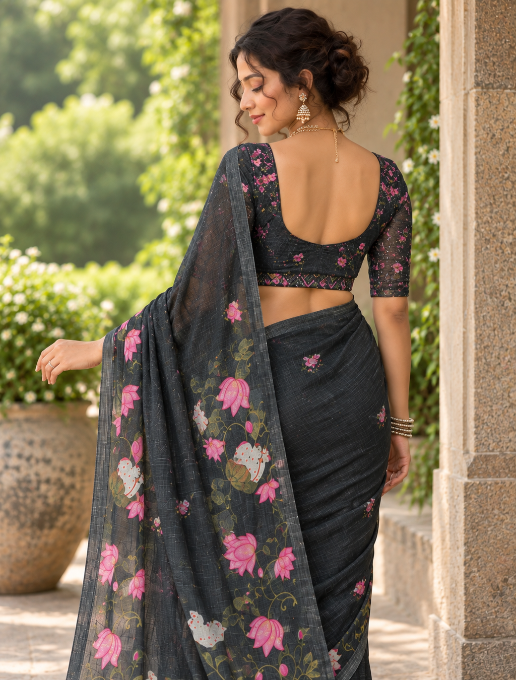 Charcoal Grey Pichwai Lotus Garden Linen Saree