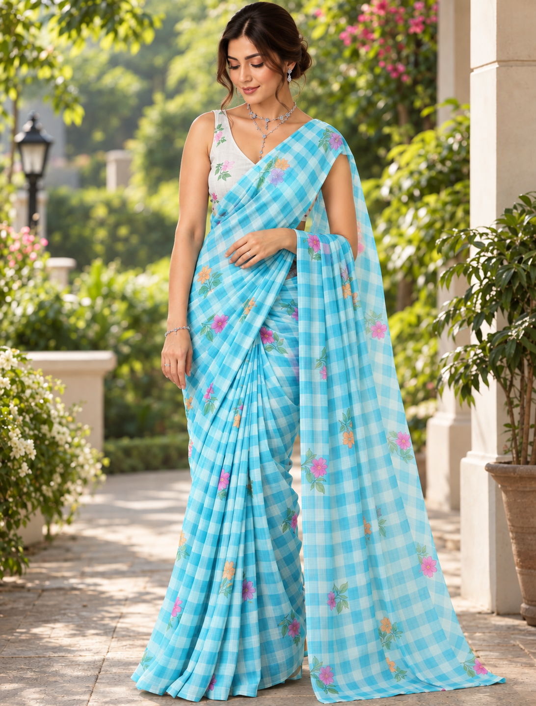 Aqua Blue Gingham Check Floral Linen Saree