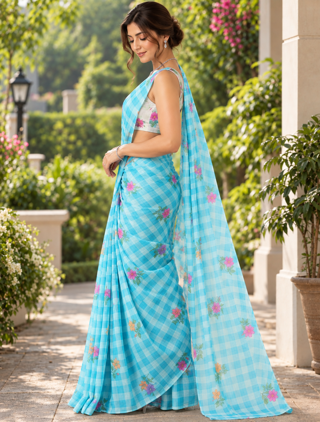 Aqua Blue Gingham Check Floral Linen Saree