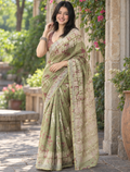 Sage Green Warli Tribal Art Printed Linen Saree