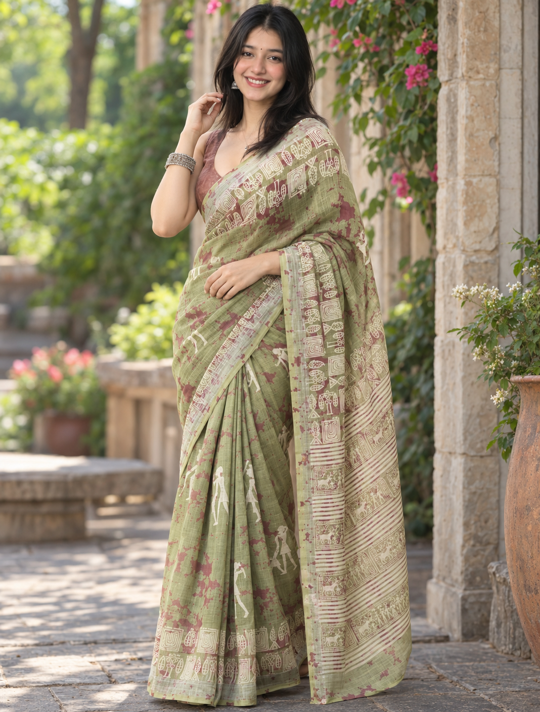 Sage Green Warli Tribal Art Printed Linen Saree