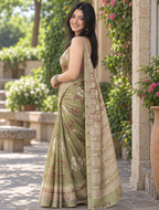 Sage Green Warli Tribal Art Printed Linen Saree