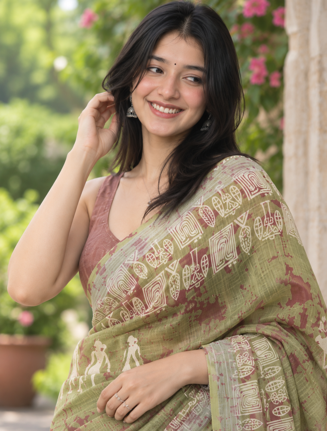 Sage Green Warli Tribal Art Printed Linen Saree