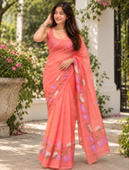 Coral Rose Hand-Painted Lotus Linen Saree