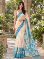 Pastel Peach Checked Linen Saree with Cyan Pallu