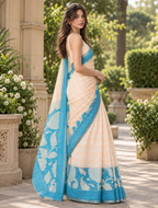 Pastel Peach Checked Linen Saree with Cyan Pallu