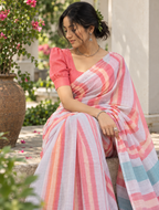 Coral Peach Multi-Tone Striped Linen Saree