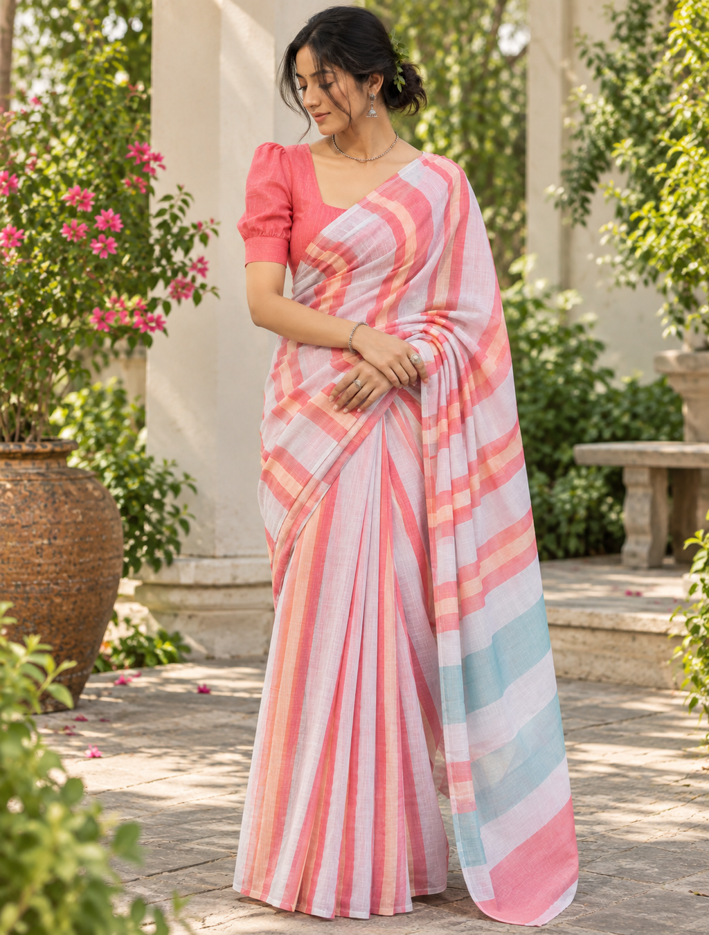 Coral Peach Multi-Tone Striped Linen Saree