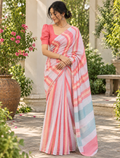 Coral Peach Multi-Tone Striped Linen Saree