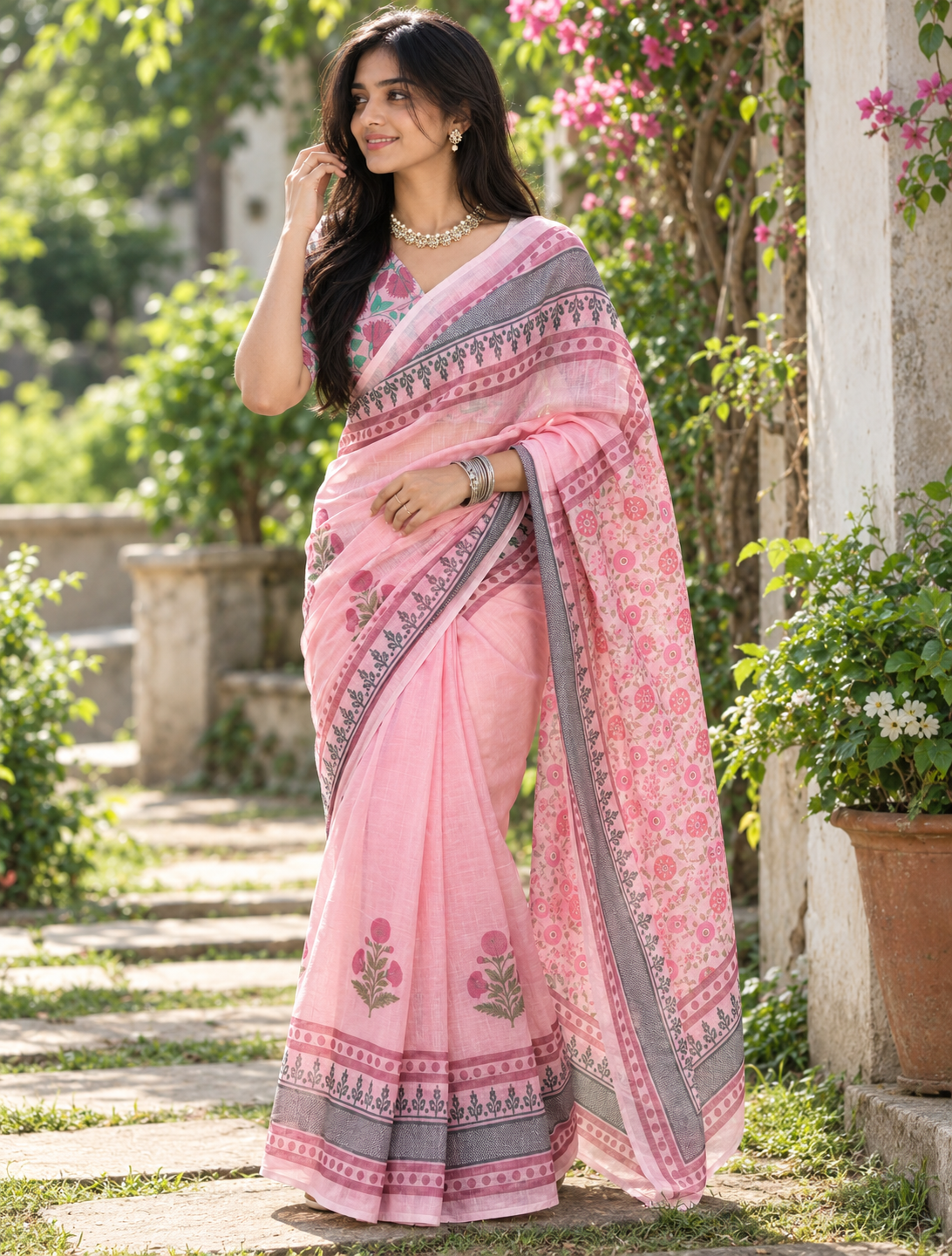 Baby Pink Mughal Floral Block Print Linen Saree