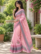 Baby Pink Mughal Floral Block Print Linen Saree