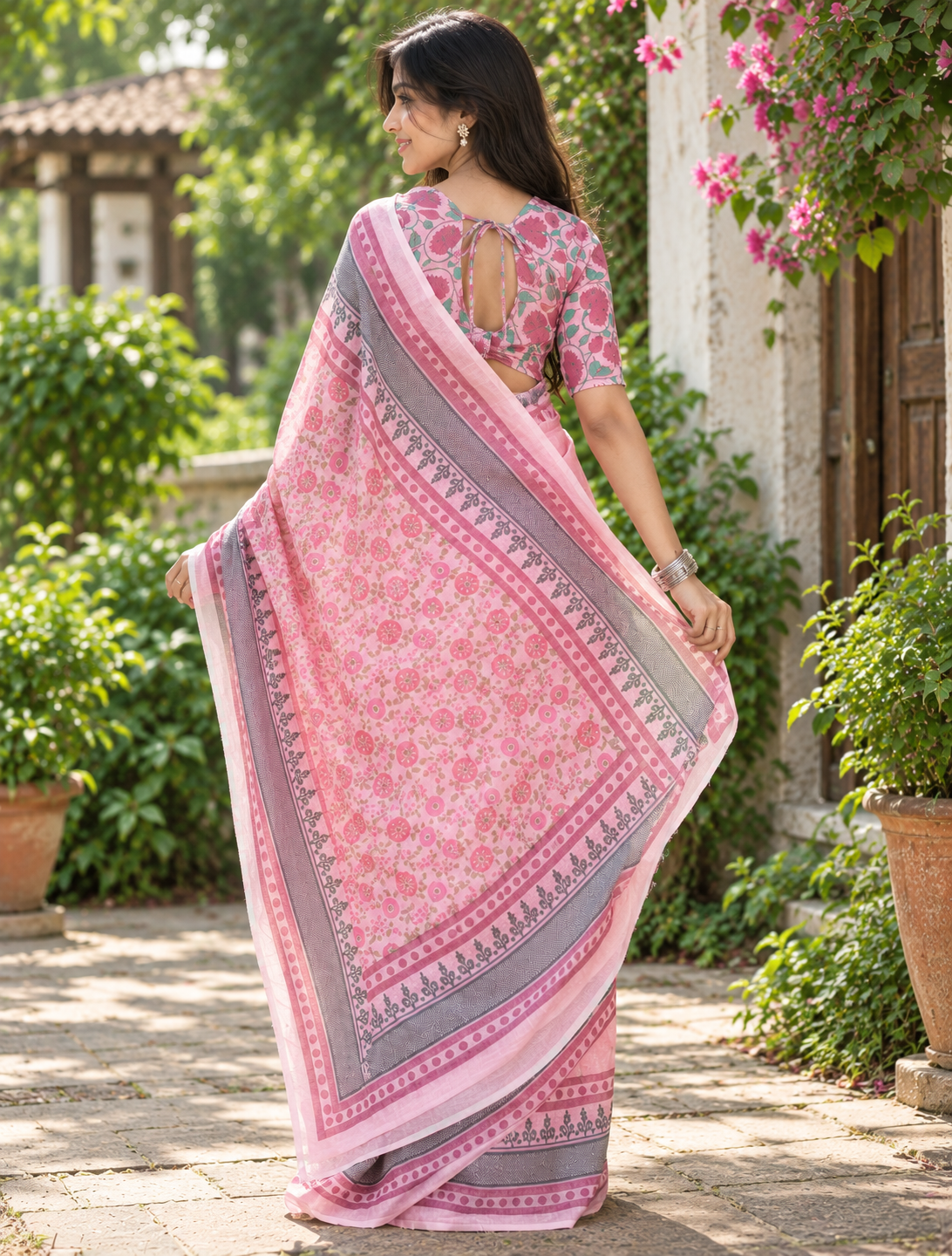 Baby Pink Mughal Floral Block Print Linen Saree