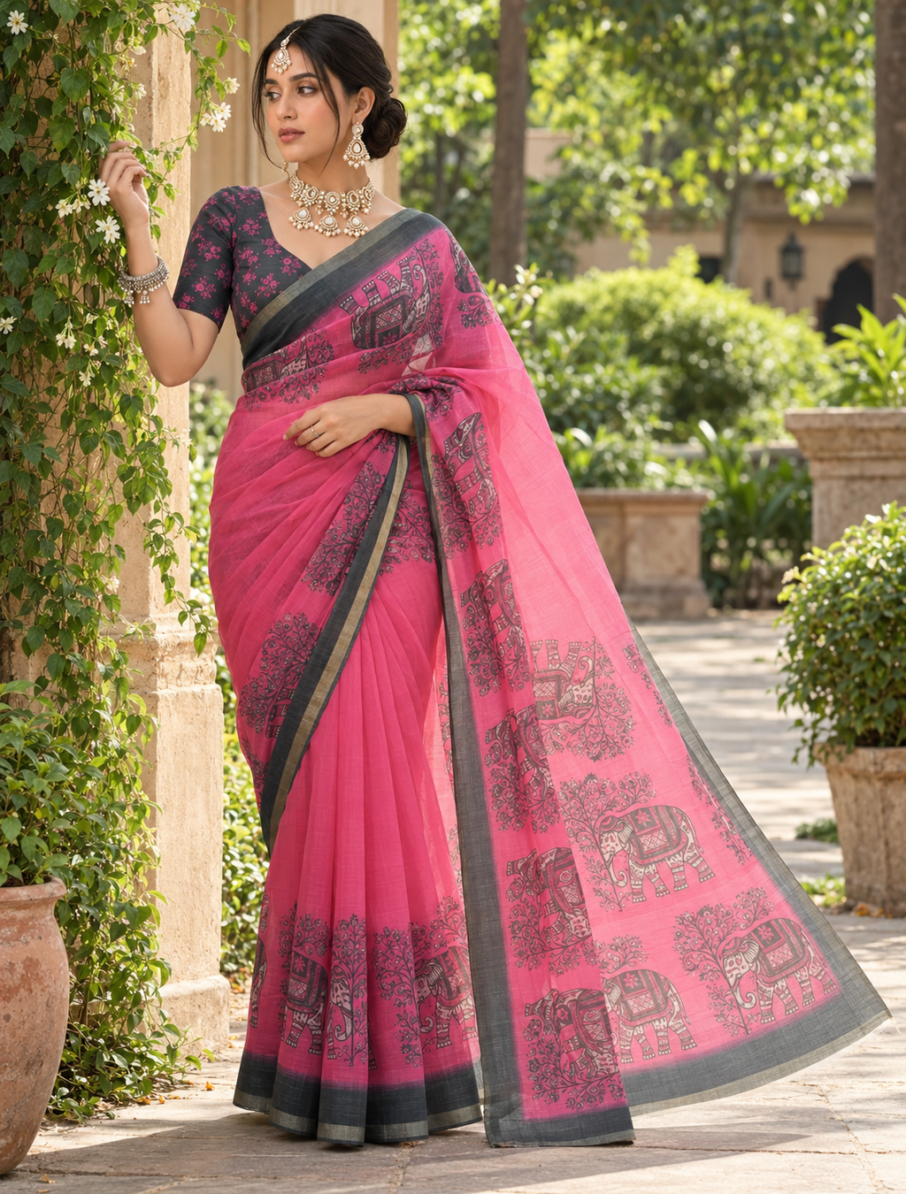Fuchsia Pink Heritage Elephant Printed Linen Saree