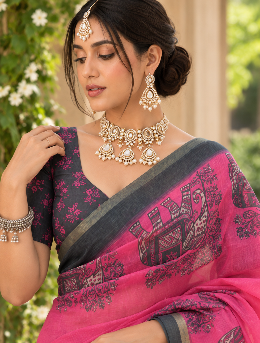 Fuchsia Pink Heritage Elephant Printed Linen Saree