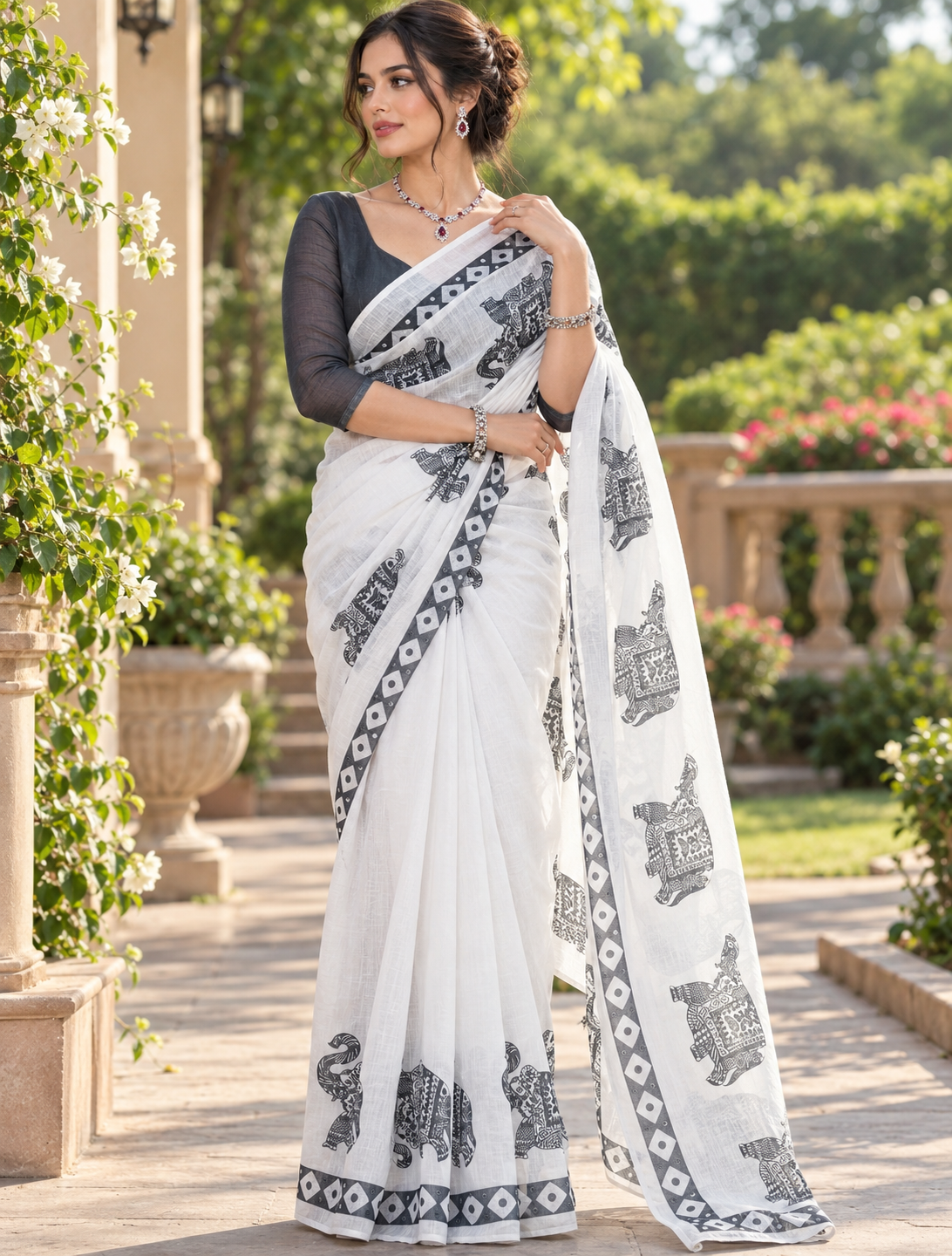 Monochrome White Elephant Motif Linen Saree