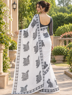 Monochrome White Elephant Motif Linen Saree