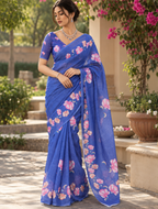 Royal Blue Hand-Painted Floral Linen Saree