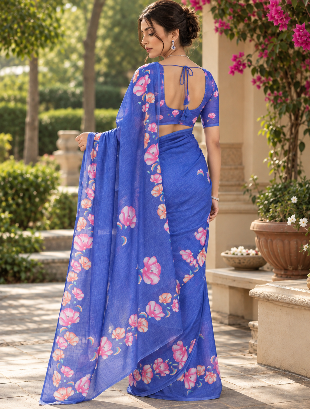 Royal Blue Hand-Painted Floral Linen Saree