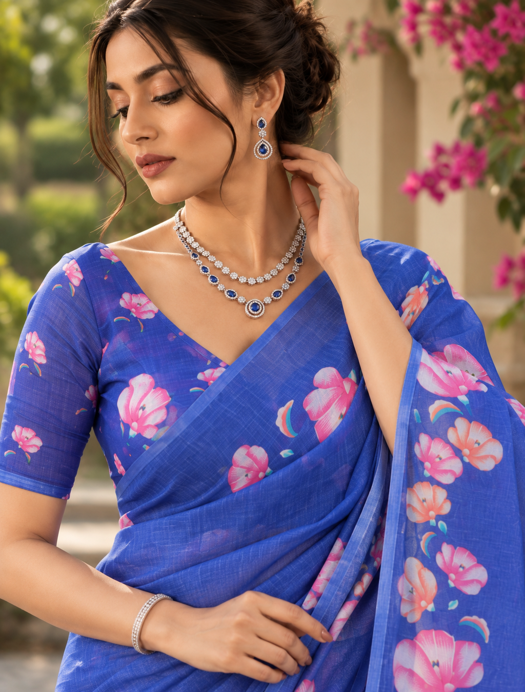 Royal Blue Hand-Painted Floral Linen Saree