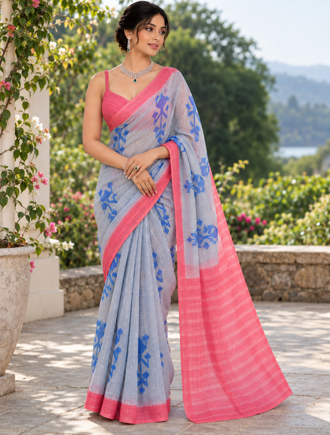Grey & Coral Pink Ikat Motif Linen Saree