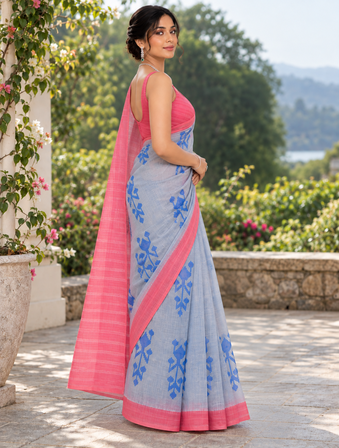 Grey & Coral Pink Ikat Motif Linen Saree