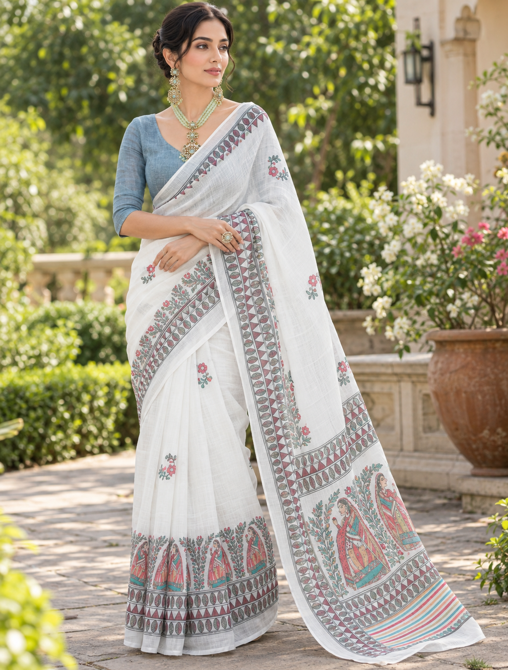 Classic White Kalamkari Figurine Printed Linen Saree