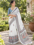 Classic White Kalamkari Figurine Printed Linen Saree