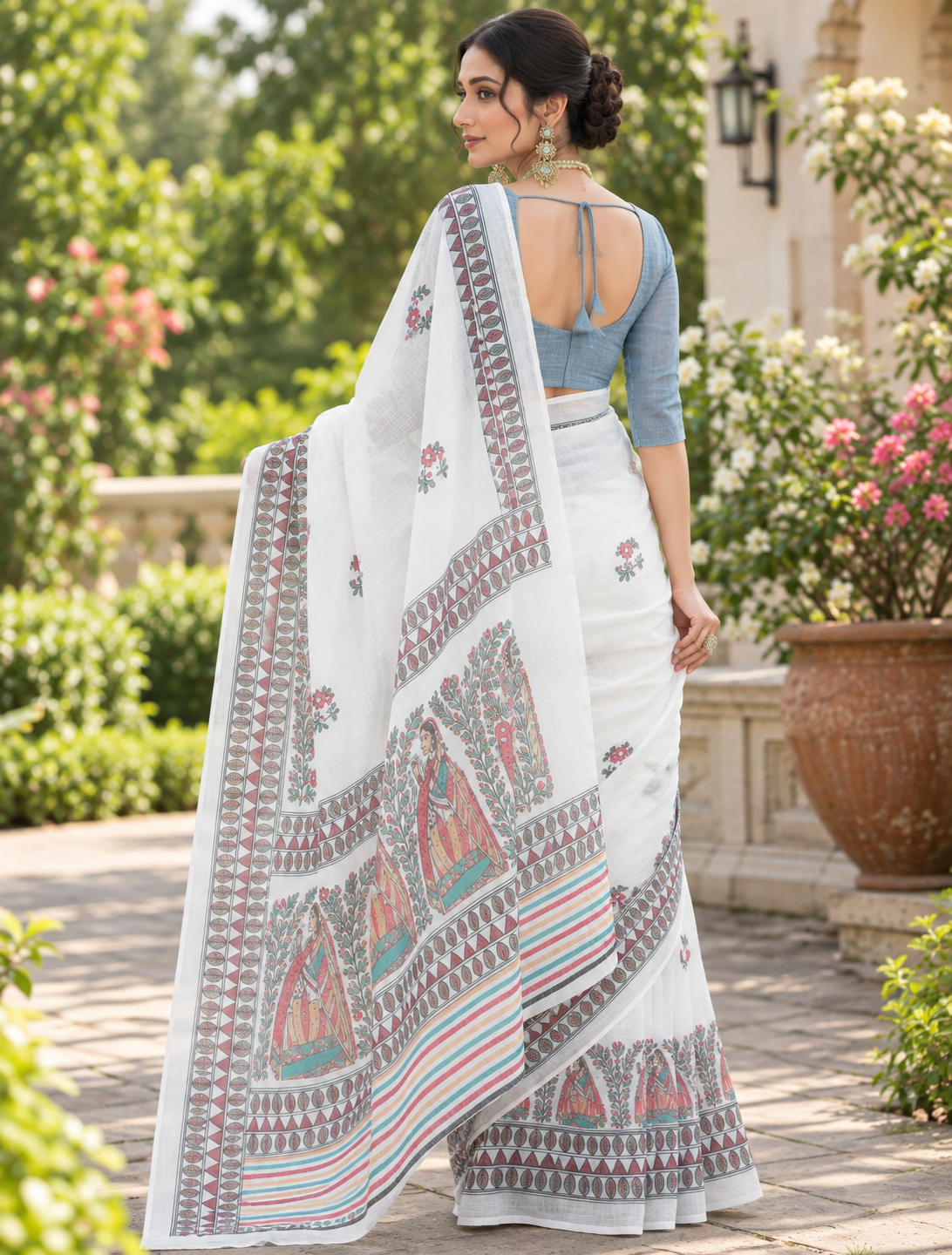 Classic White Kalamkari Figurine Printed Linen Saree