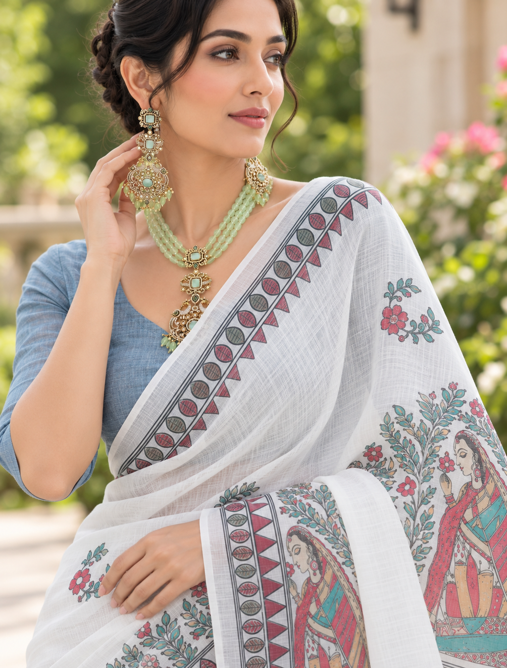 Classic White Kalamkari Figurine Printed Linen Saree