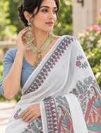 Classic White Kalamkari Figurine Printed Linen Saree