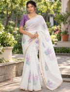 Off-White Lavender Floral Printed Linen Saree