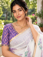 Off-White Lavender Floral Printed Linen Saree
