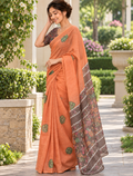 Rustic Orange Earthy Block Print Linen Saree