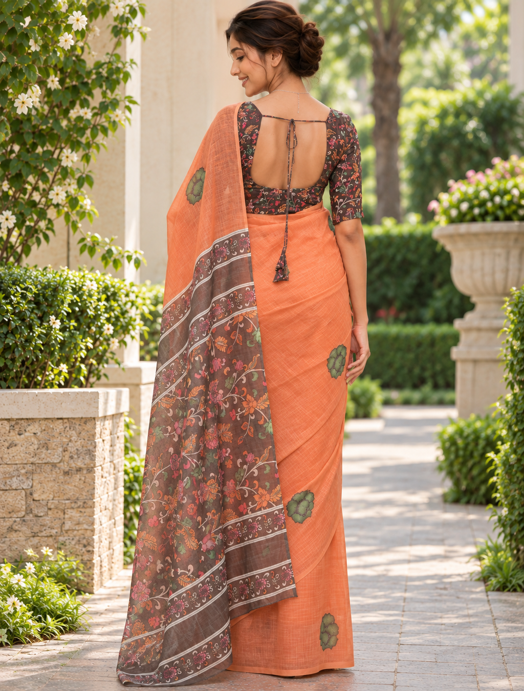 Rustic Orange Earthy Block Print Linen Saree