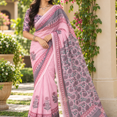 Pastel Pink Botanical Printed Linen Saree