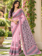 Pastel Pink Botanical Printed Linen Saree