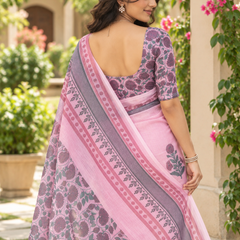 Pastel Pink Botanical Printed Linen Saree